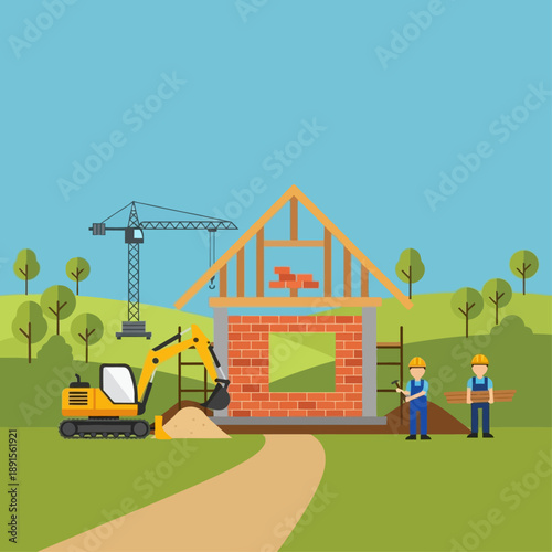 Construction of a residential house with excavator and crane in progress, showing workers building a brick home
