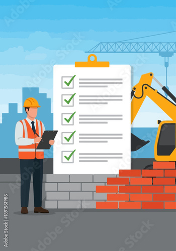 Professional construction worker reviewing project checklist for quality assurance and safety compliance on an active building site with heavy machinery