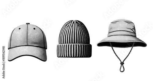 Monochrome halftone hat collection: baseball cap, beanie, bucket hat