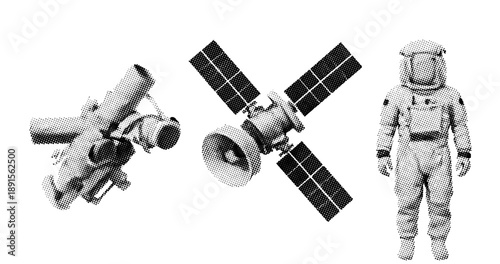 Futuristic space exploration: satellite, spacecraft, and astronaut elements in black and white