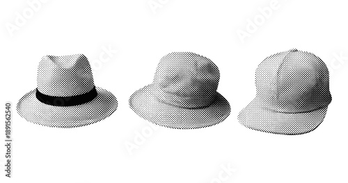Black and white halftone hats collection: fedora, sun hat, baseball cap