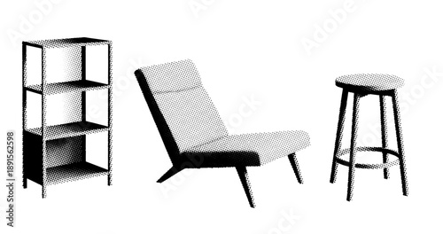 Retro-style furniture set: shelf, chair, and stool in black and white