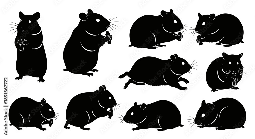 Fototapeta premium Collection of black hamster silhouettes in various poses,