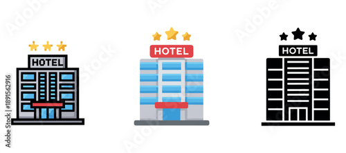 Three stylized hotel icons with star ratings on white background