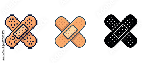 Pixel art, cartoon, and silhouette bandages on white background
