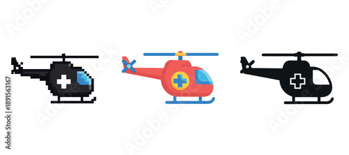 Pixelated and silhouette medical helicopters with cartoon style
