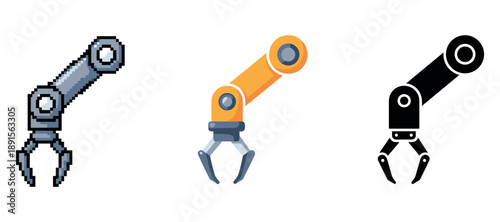 Three robotic arms: pixel art, flat design, silhouette