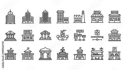 Collection of Simple Line Drawn Buildings Icons.