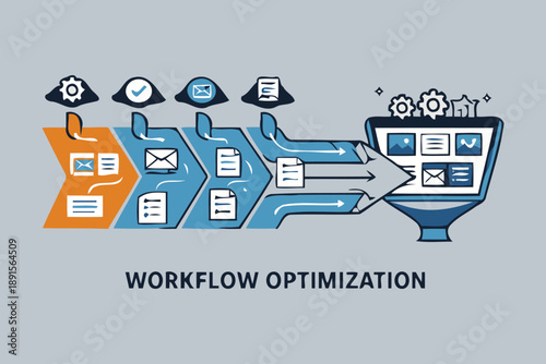 workflow optimization diagram with icons and computer screen