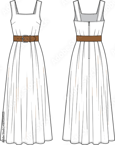 Technical fashion illustration of pleated maxi dress front and back view, square neckline, wide belt, zipper closure – flat vector design