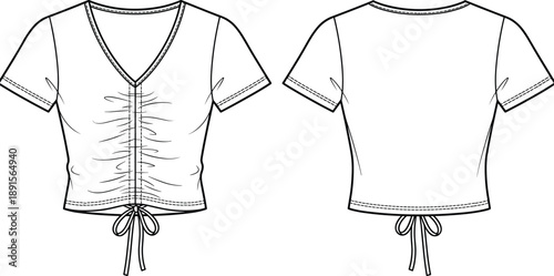 Technical fashion illustration of ruched drawstring crop top front and back view, V-neckline, short sleeves – flat vector design