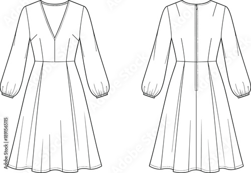 Technical fashion illustration of flared dress front and back view, V-neckline, puff sleeves, zipper closure – flat vector design
