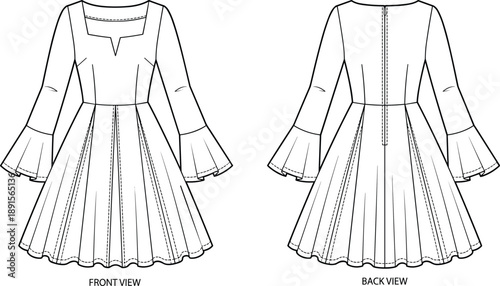 Technical fashion illustration of flared dress front and back view, bell sleeves, square neckline, paneled skirt - flat vector illustration