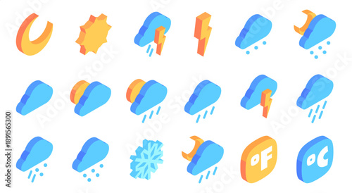 Weather icon set. Vector isolated sun, moon and rain, snow and thunderstorm cloud, lightning symbol and temperature indicators in Celsius and Fahrenheit. Meteorology symbols for forecast