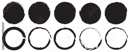 Grunge Brush Circle Stamp Set, Hand Drawn Round Paint Shapes and Rough Ink Textures, Abstract
 Vector Design Elements on White Background