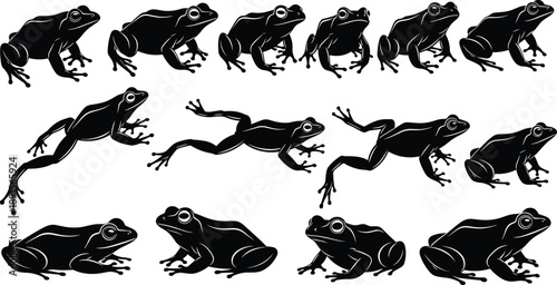Frog Silhouette Collection Showing Jumping, Crawling, and Sitting Frogs, Wildlife Amphibian Vector Illustration Set in Black and White for Nature and Biology Concepts