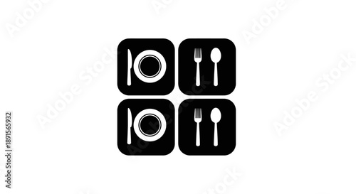 Restaurant Table Setting Icon with Cutlery and Plates in Black and White vector icon