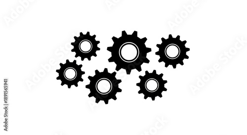 Black Gears Mechanism Interconnected on White Background, Isolated, Close-up
