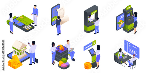 Banking and transfer. Vector people interacting with terminals, ATM and financial services. Card payments and receipts, bank consultation and digital transactions. Online finance and money management