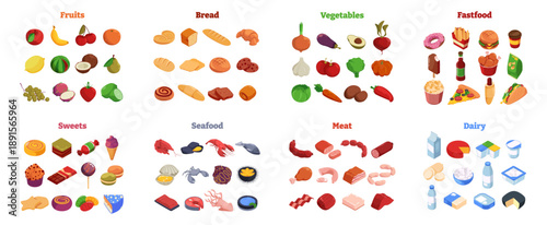Assorted food groups set. Vector seafood, fruits and vegetables, fastfoods and sweets, meat and dairy products. Variety and nutrition categories, grocery selection and culinary assortment