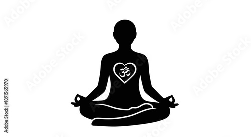 Woman Meditating in Lotus Position with Heart Symbol on White Background