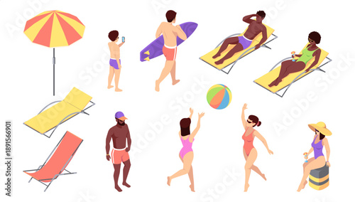 Summer vacation and travel. Vector isolated people playing volleyball, relaxing on sun loungers, sitting and standing. Characters hold surfboard, rest under beach umbrella and enjoy seaside atmosphere