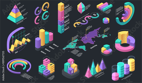 Charts and graphs with bars, lines and data elements. Vector isolated isometric elements for business and analytics, statistics and finance, marketing and digital reporting. Infographic and data