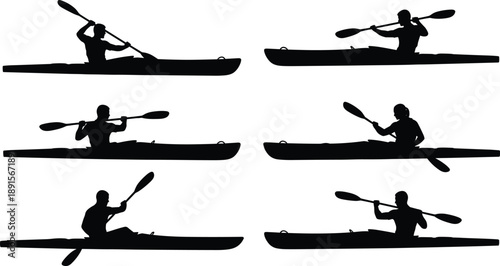 Kayaking and Canoeing Silhouette Set Showing Paddlers in Different Stroke Positions, Outdoor Water Sports Activity, Adventure and Recreation Concept in Clean Black Vector Illustration Style
