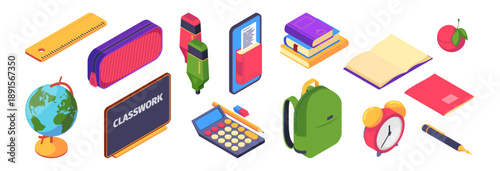 School supplies set. Vector apple, globe and pencil case, ruler and marker, chalkboard and calculator, pencil and eraser, digital reader and book stack, backpack and alarm clock, pen and open notebook