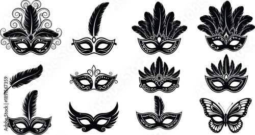 Masquerade carnival mask silhouettes set with feather and butterfly elements, elegant Venetian costume accessories collection, decorative festival party designs in black vector style 