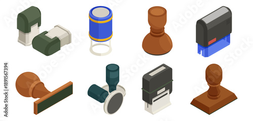 Stamp types set. Vector isolated isometric wooden and plastic, circular and rectangular seals designs. Office and administrative equipment. Devices for documents, paperwork and creative projects