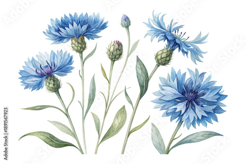 Watercolor Bachelor’s Button Flower Art, Blue Botanical Element, Isolated on white background