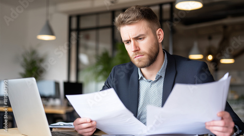 A worried man in a business suit looks through documents at a desk with a laptop – a puzzled and focused mood in a modern office with soft overhead lighting.