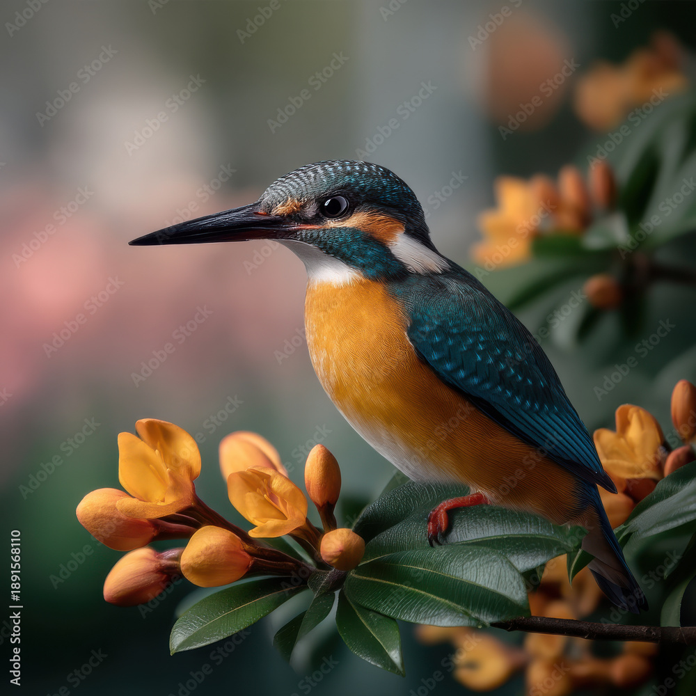 Fototapeta premium Kingfisher perched on branch with orange flower, vibrant plumage, sharp beak, nature, bokeh background, spring mood