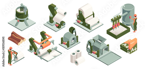 Paper factory elements. Vector isometric production. Worker operating industrial equipment, rolls and storage units, containers and labeled sheet packs. Manufacturing, processing and industrial