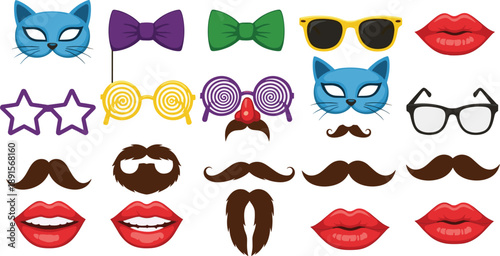 Colorful photo booth props set with masks glasses bows mustaches lips and funny party accessories isolated on white