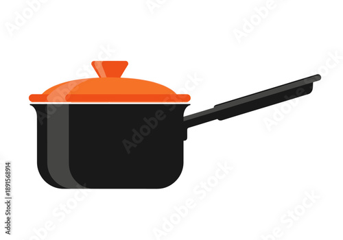 Black Sauce Pan with Orange Lid.