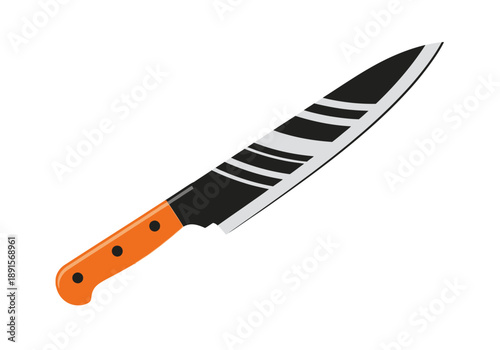 Large Sharp Kitchen Knife with Orange Handle.