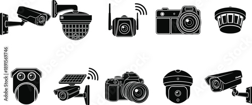Security Camera and Surveillance Equipment Silhouette Icon Set Featuring CCTV, Wireless Cameras and Monitoring Devices, Black Vector Technology Collection for Safety, Protection and Video Monitoring 