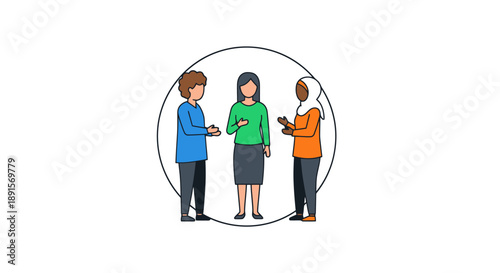 Diverse group of people standing together engaged in discussion within a circular boundary illustrating unity and connection