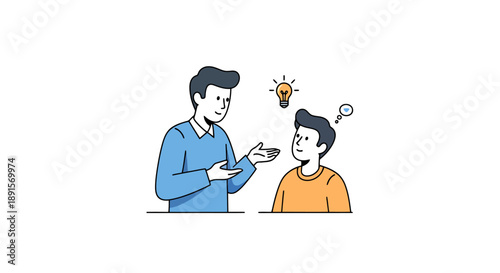 Adult mentor sharing ideas and guidance with young person during conversation session promoting creative thinking and problem solving for development