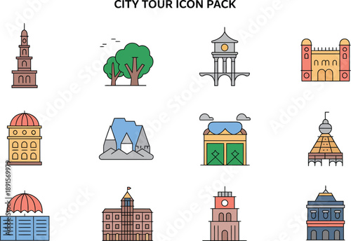 City Tour Icon Pack with Various Landmarks