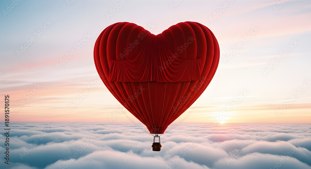 Fototapeta premium Red Heart Shaped Hot Air Balloon Flying Above Clouds at Sunset for Romantic Travel Valentine Celebration and Love Concept