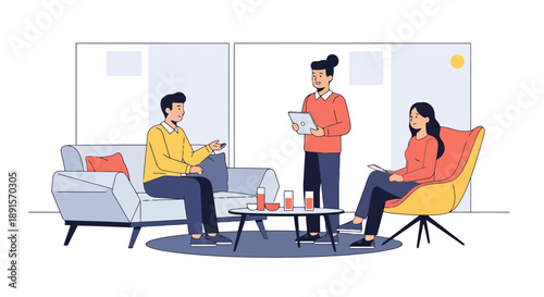 Team Collaboration Meeting Discussing Ideas In A Modern Office Space With People Sitting And Standing Around A Table Discussing Project Strategy