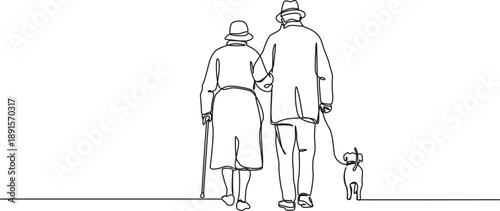 continuous line drawing of senior couple arm in arm walking the dog, line art vector illustration