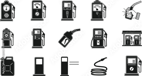 Vintage gas station pump icons collection featuring fuel dispensers, nozzles and equipment, retro petroleum industry symbols and service station elements, clean black vector illustration isolated on 