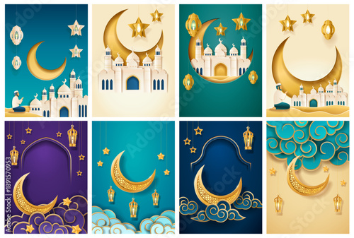 Ramadan night set in paper cut style. Vector mosque domes and crescent moon, clouds and stars, glowing lanterns and person praying. Traditional Islamic elements. Greeting cards and festive decoration