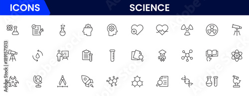 Science and research line icons collection. Big UI icon set in a flat design. Thin outline icons pack. Vector illustration