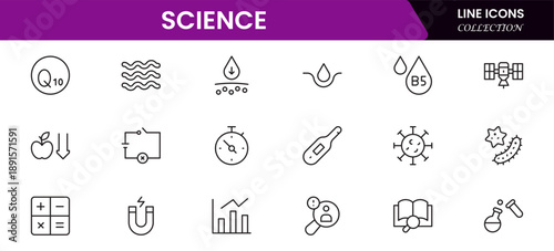 Science and research line icons collection. Big UI icon set in a flat design. Thin outline icons pack. Vector illustration