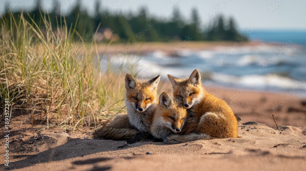 Obraz premium Wild baby red fox cubs cuddling on a sandy beach along a forested coastline